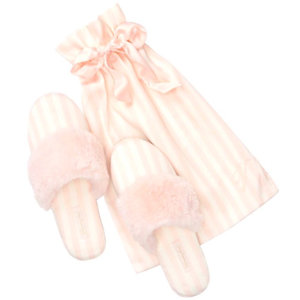 NEW Victorias Secret VS Faux Fur Pink White Stripe Classic Slippers LARGE 9 / 10